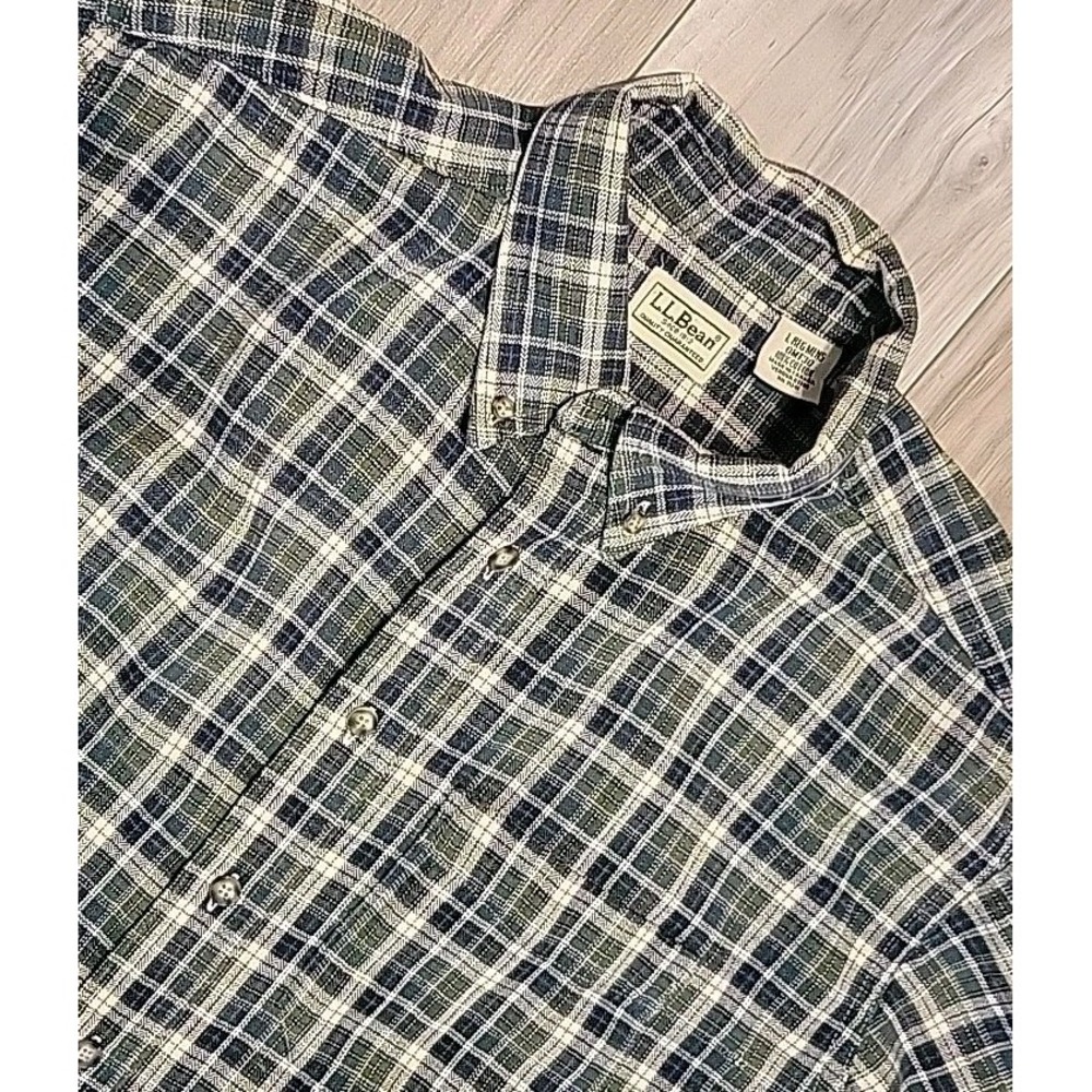 LL Bean Flannel Shirt Mens Large Green Biege Plaid Button Up Fleece